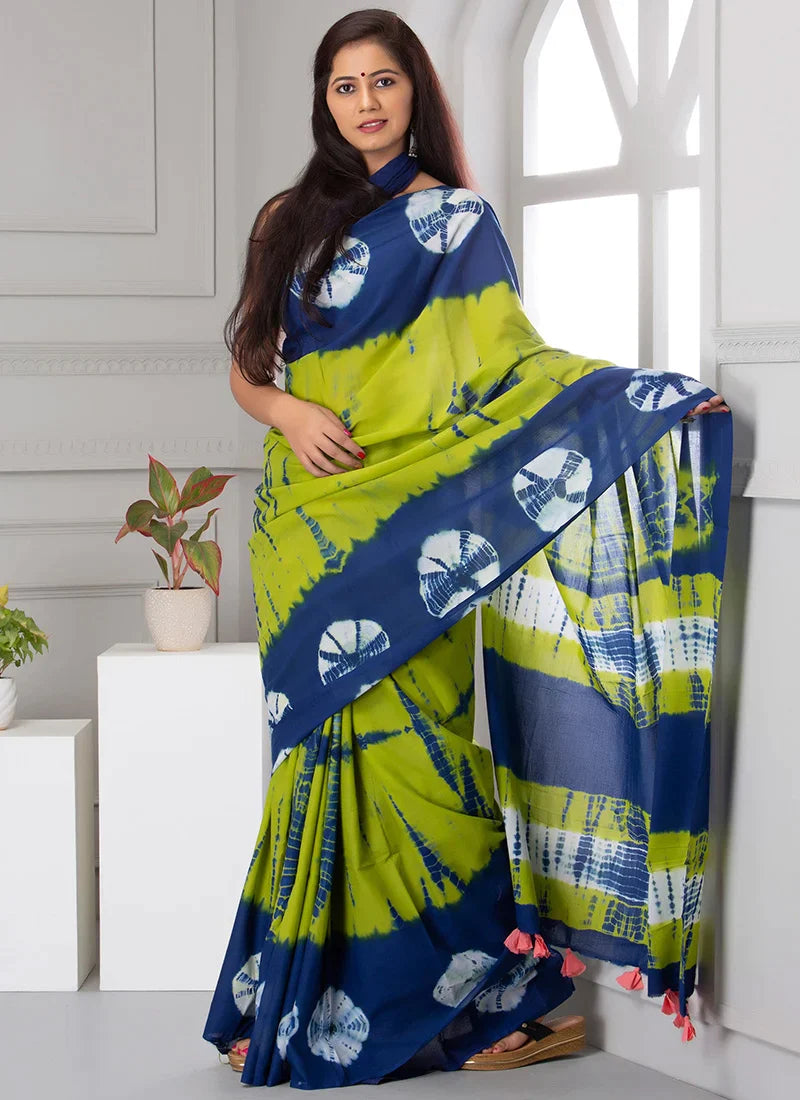 Kala Niketan Designer Latest Fashion Blue and Green Cotton Printed Saree