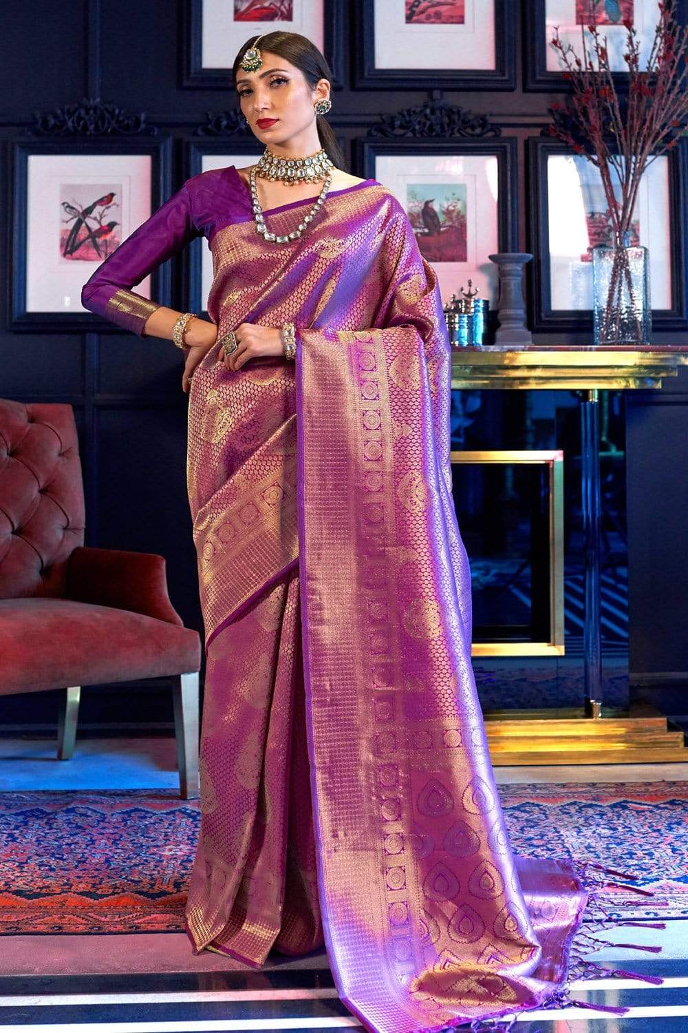 Kala Niketan Violet & Golden Zari Woven Kanjivaram Saree With Blouse