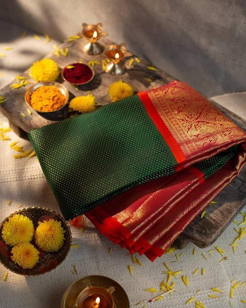 Kala Niketan New SOFT SILK FLORAL BROCADE GREEN SAREE WITH RED BLOUSE