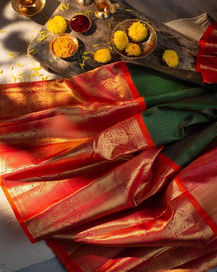 Kala Niketan New SOFT SILK FLORAL BROCADE GREEN SAREE WITH RED BLOUSE