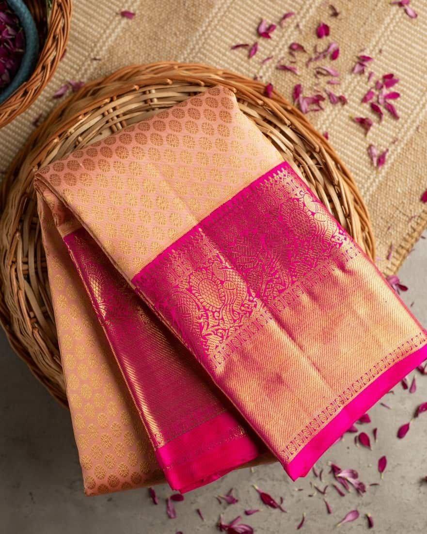 Kala Niketan Peach Archaic Traditional Kanchi Soft Silk Sari With Attached Blouse