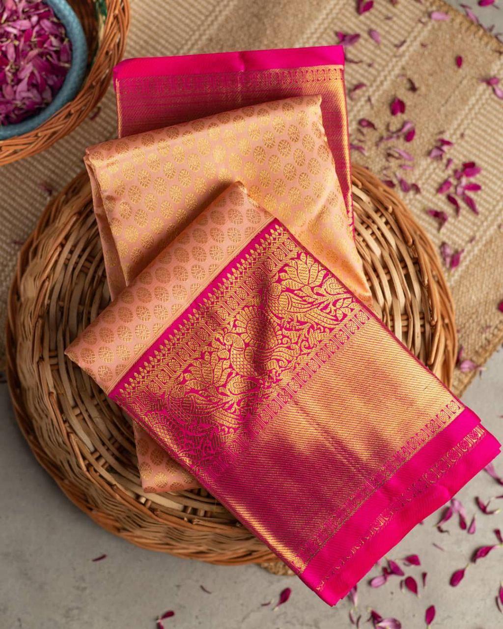 Kala Niketan Peach Archaic Traditional Kanchi Soft Silk Sari With Attached Blouse