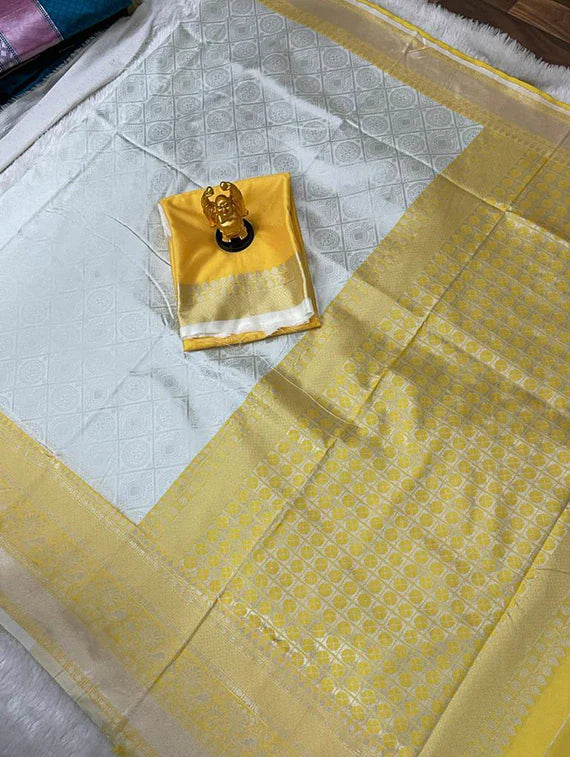 Kala Niketan Silver Banarasi Soft Silk Saree With Classic Blouse Piece