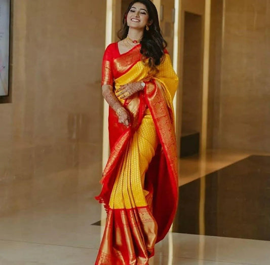 Kala Niketan Amora Yellow Archaic Traditional kanchi Soft Silk Sari With Attached Blouse