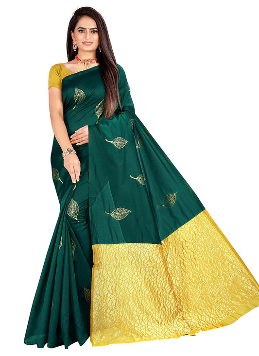 Leaf Green N Yellow Soft Lichi Silk Saree Festive Wear