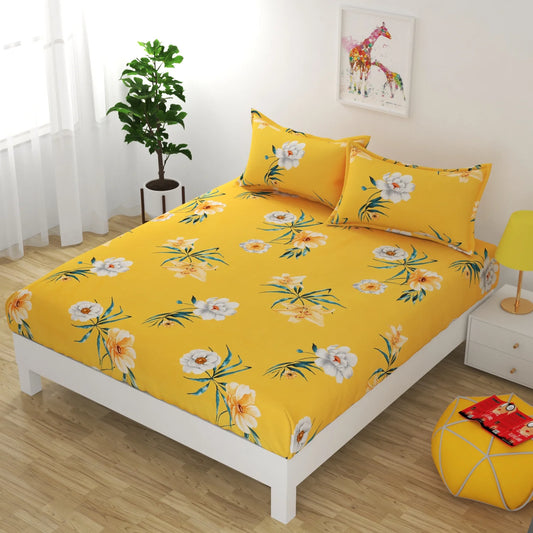 Premium Elastic Fitted Queen Size Double Bedsheet with 2 Pillow Covers