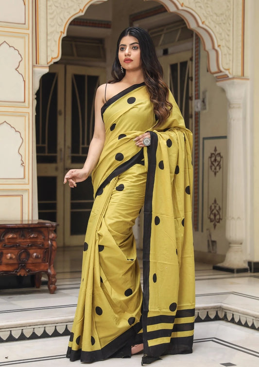 Kala Niketan Mustard Polka Dot Print Mul Cotton Saree With Blouse Piece