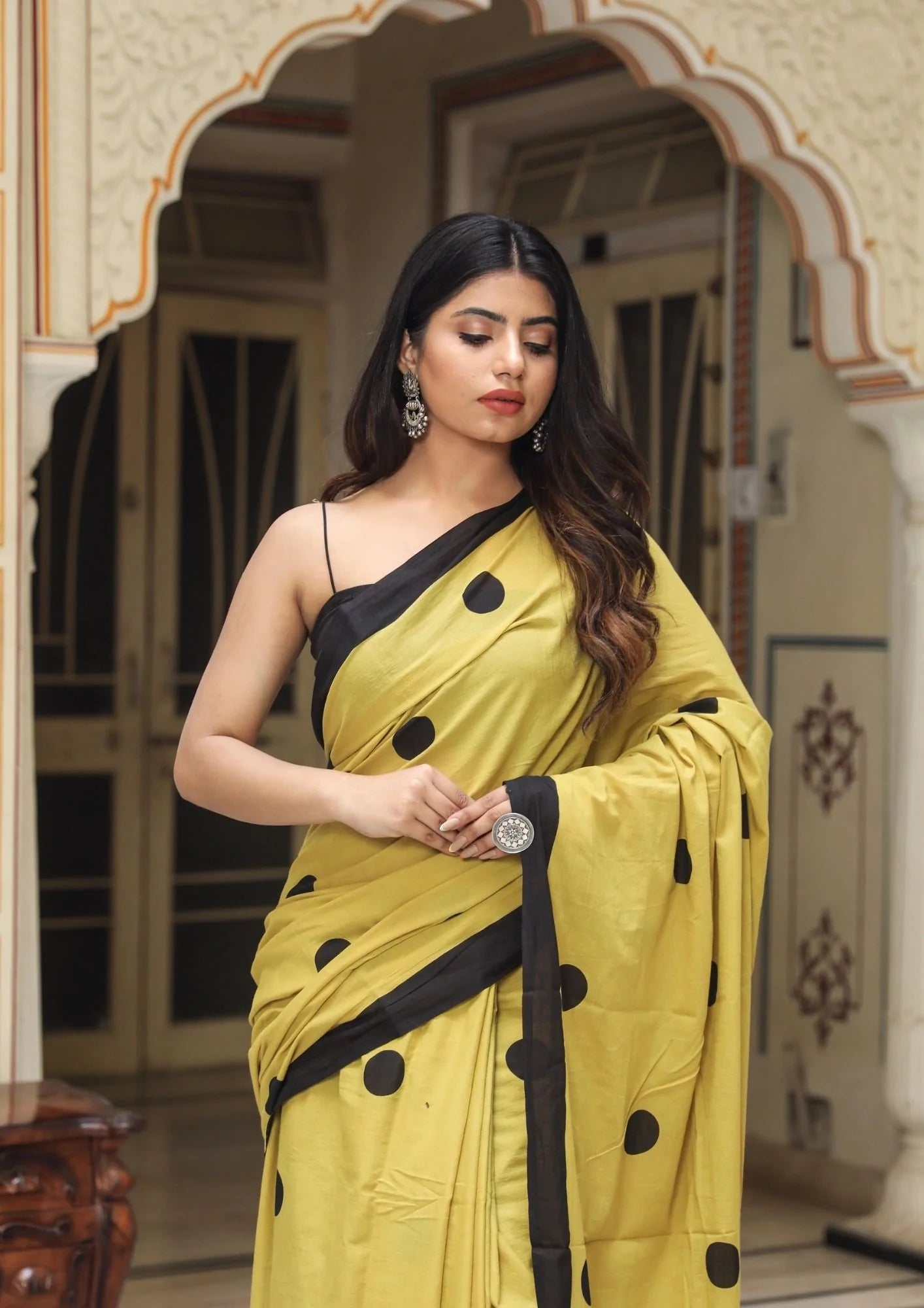 Kala Niketan Mustard Polka Dot Print Mul Cotton Saree With Blouse Piece