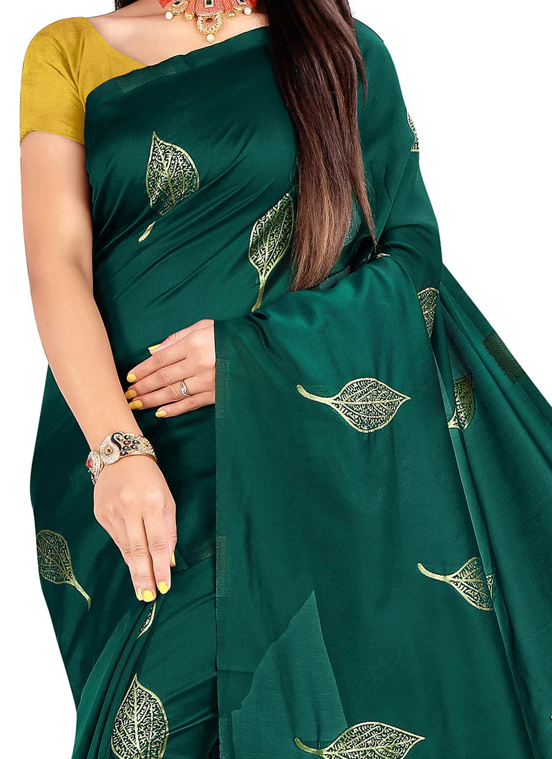 Leaf Green N Yellow Soft Lichi Silk Saree Festive Wear