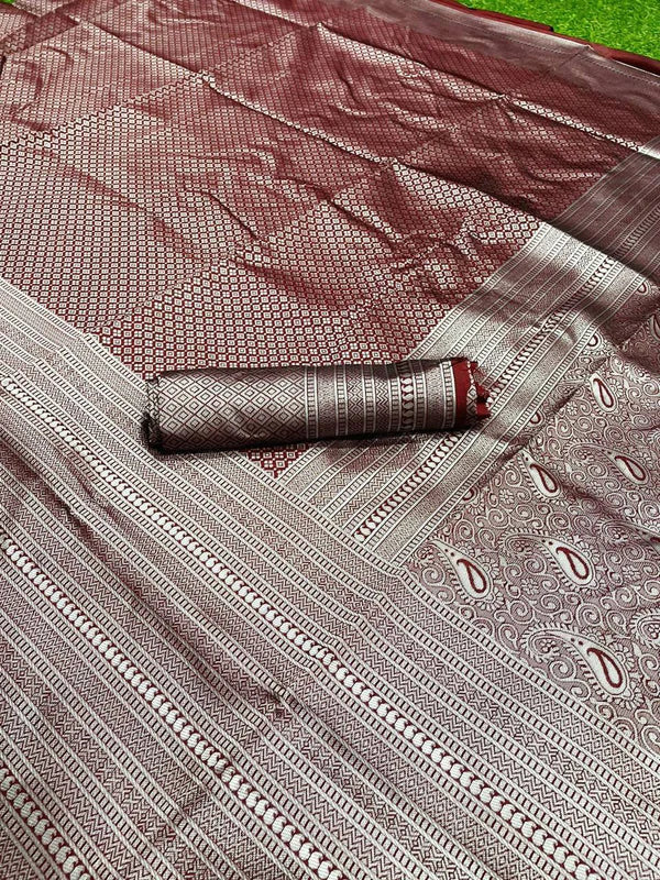 KALA NIKETAN SUPER SOFT SILK SAREE WITH RICH PALLU IN MAROON COLOR WITH SILVER ZARI WEAVING