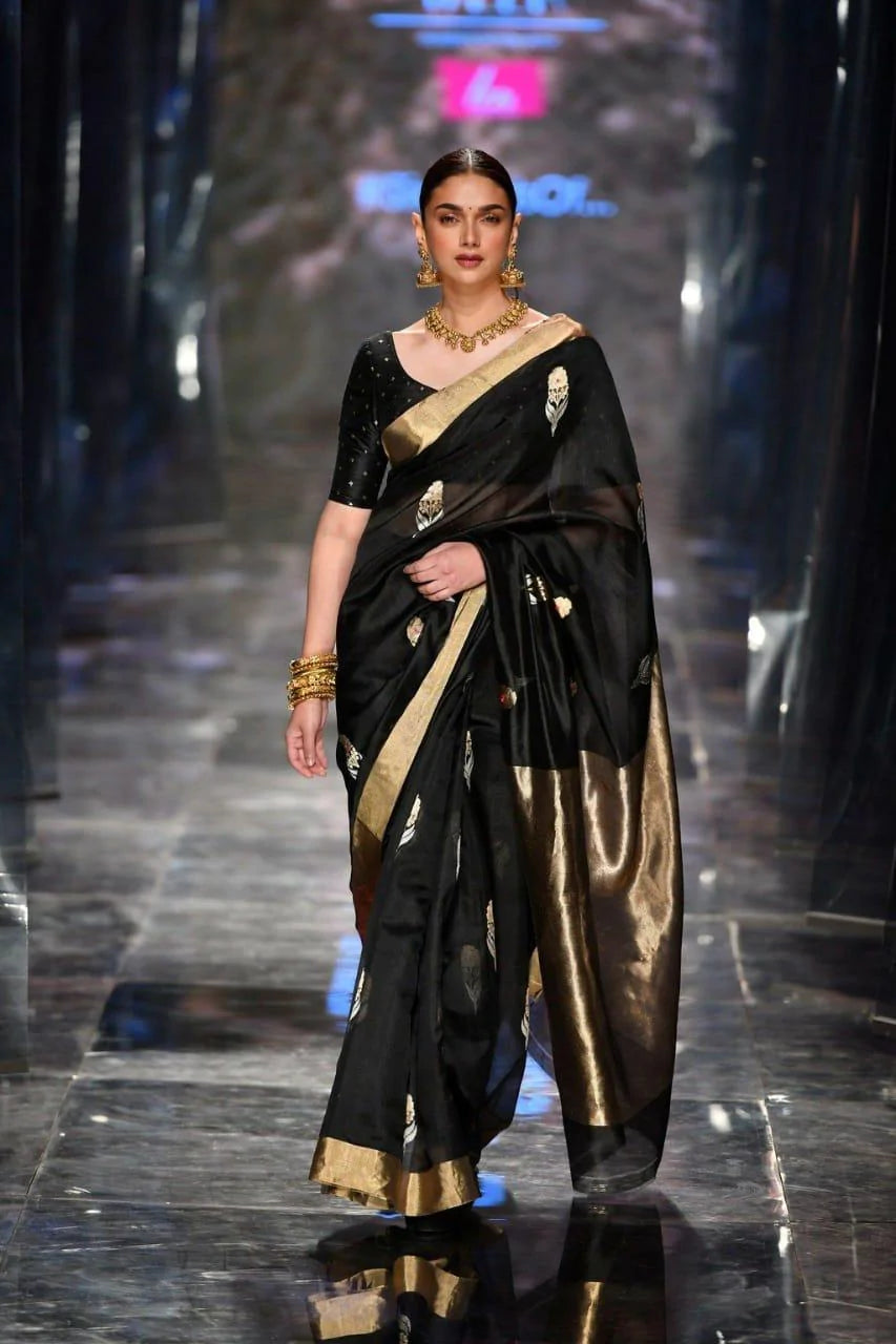 Kala Niketan Traditional Black Soft Silk Sari With Attached Blouse