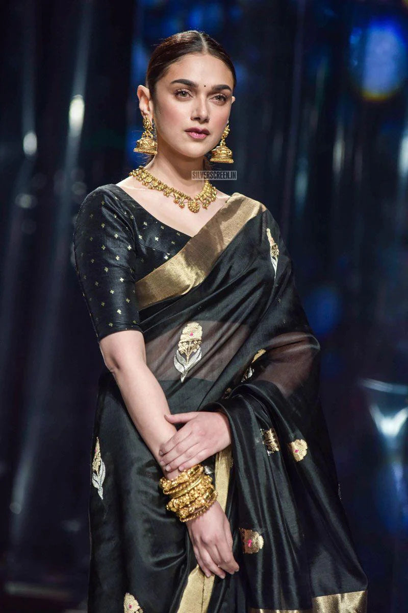 Kala Niketan Traditional Black Soft Silk Sari With Attached Blouse