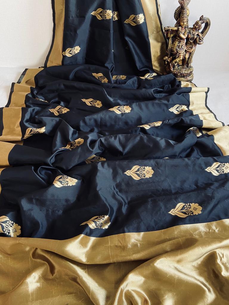 Kala Niketan Traditional Black Soft Silk Sari With Attached Blouse