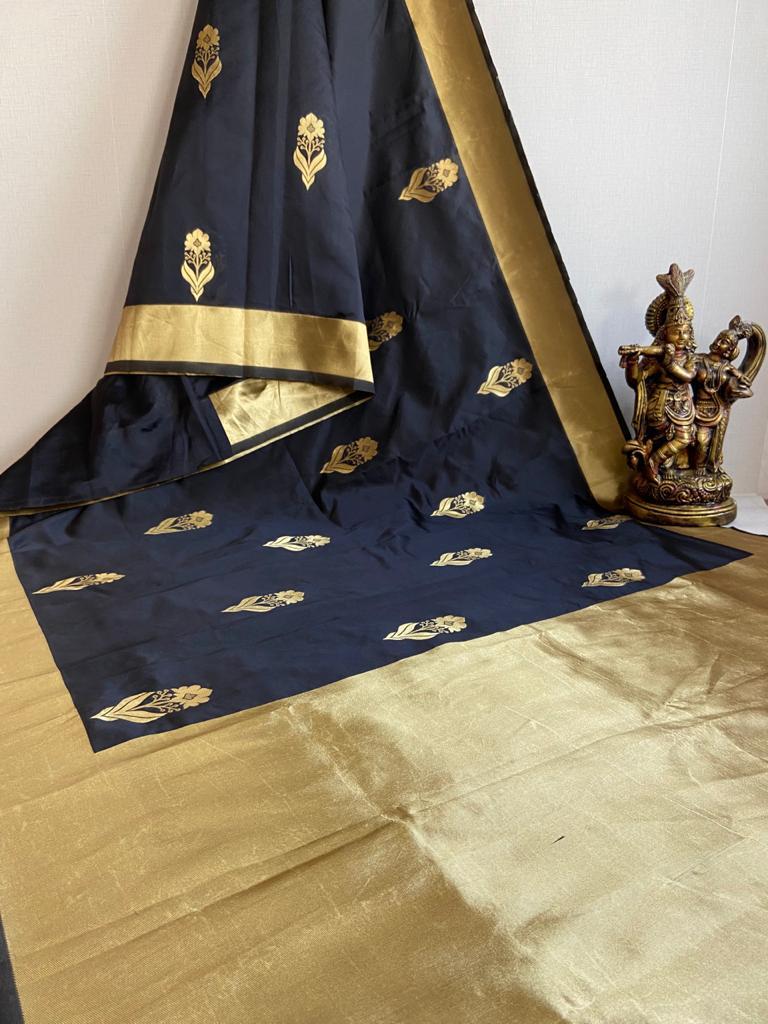 Kala Niketan Traditional Black Soft Silk Sari With Attached Blouse