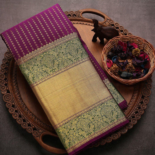 Traditional Kanchipuram Wine Soft Lichi Silk Sari With Attached Blouse