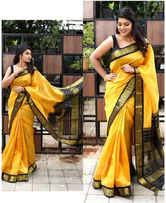 Yellow Silk Saree Traditional Kanchi Soft Silk Sari With Attached Blouse