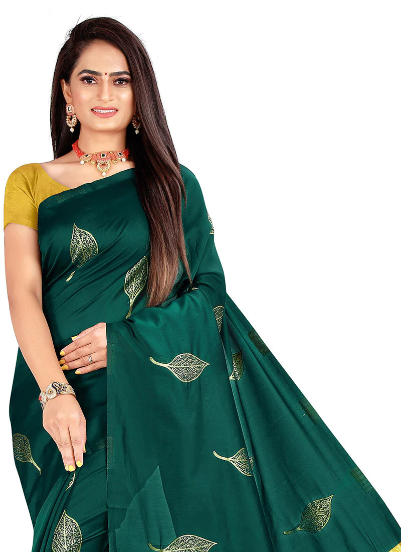 Leaf Green N Yellow Soft Lichi Silk Saree Festive Wear