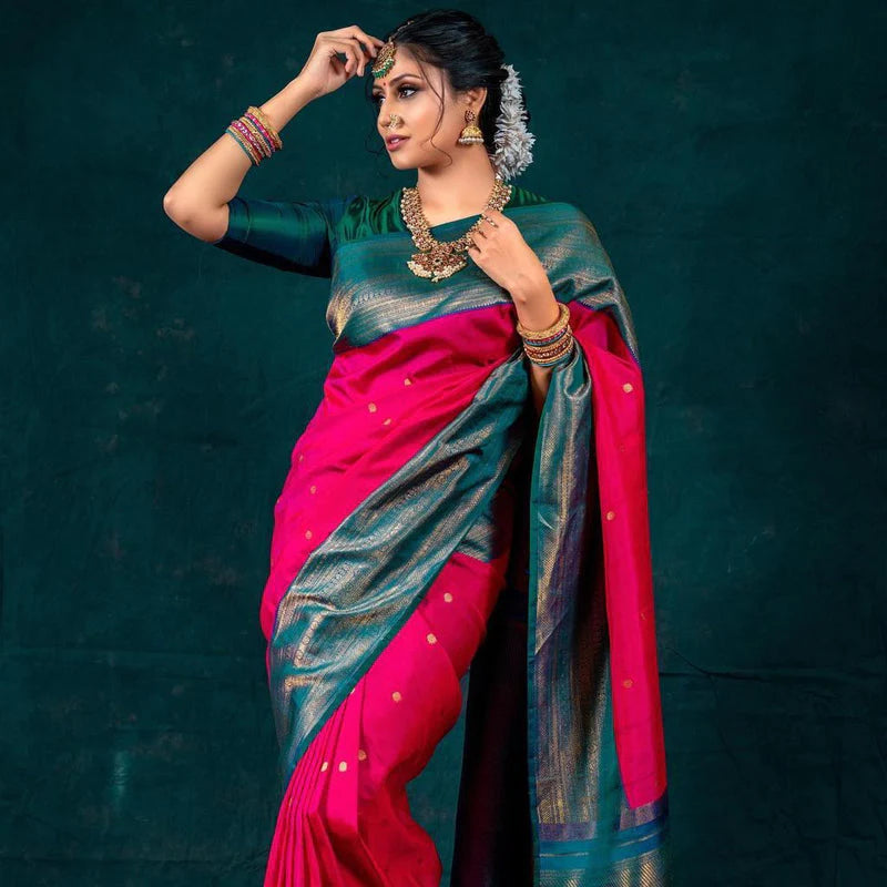 Kala Niketan Red With Green Broder Soft Silk Kanjivaram Saree