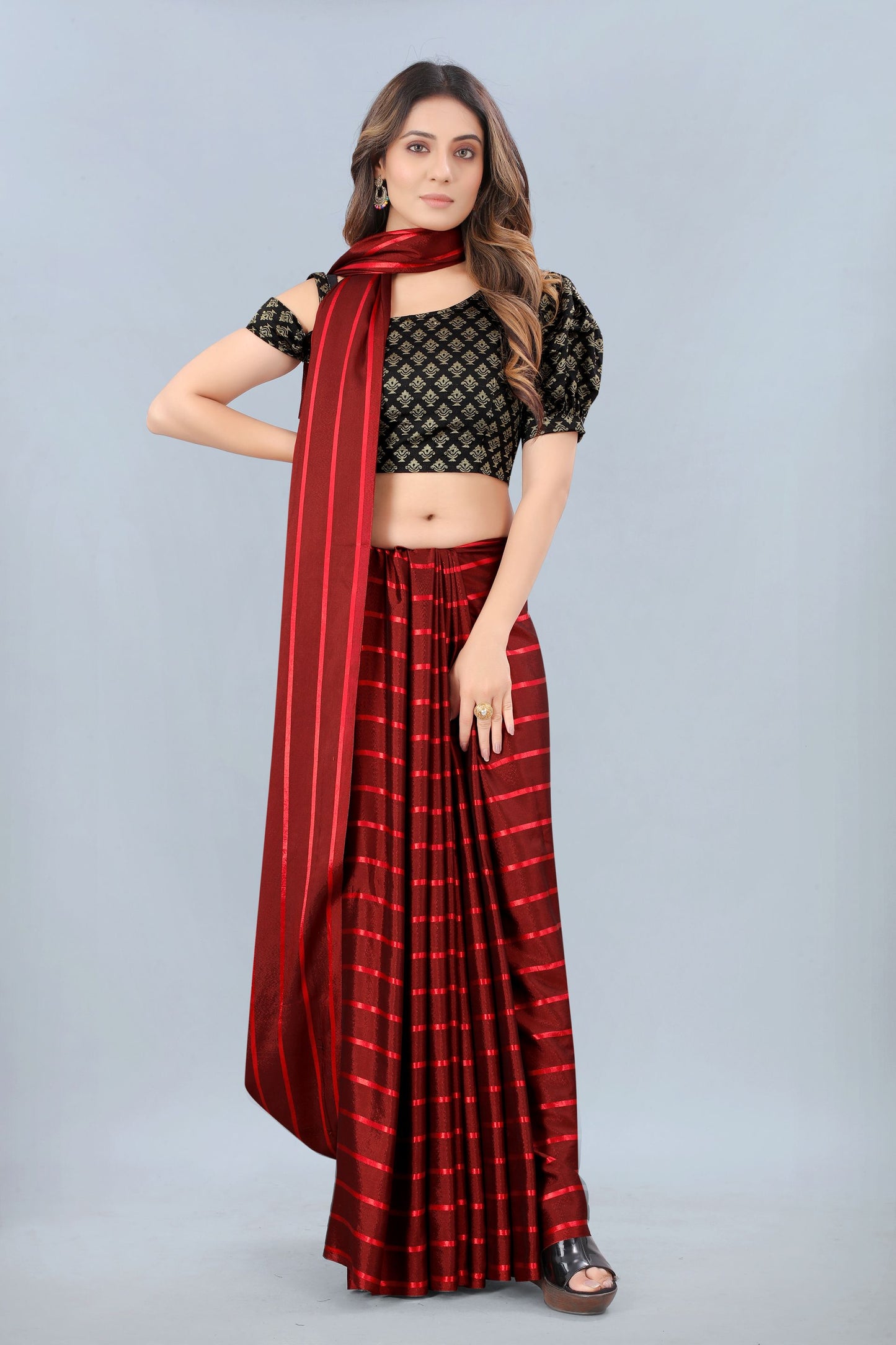 Kala Niketan Maroon Color Elegant Stripes Printed Silk Saree