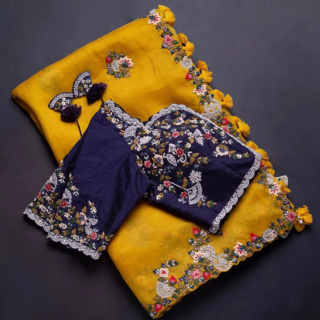 Kala Niketan Kaveri Jumkhi Therad Seuuins Organza Silk Sari With Attached Blouse