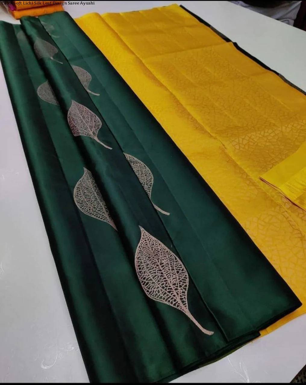 Leaf Green N Yellow Soft Lichi Silk Saree Festive Wear