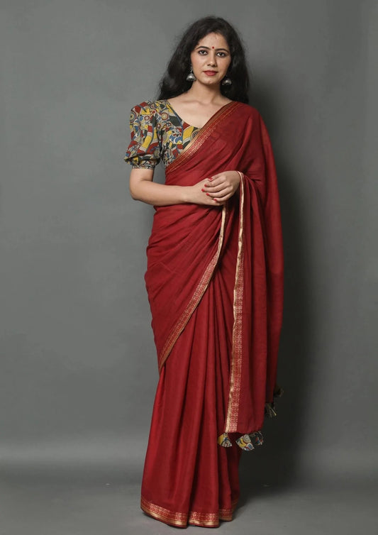 Kala Niketan Wine Handloom Cotton Border Saree with Kalamkari Blouse