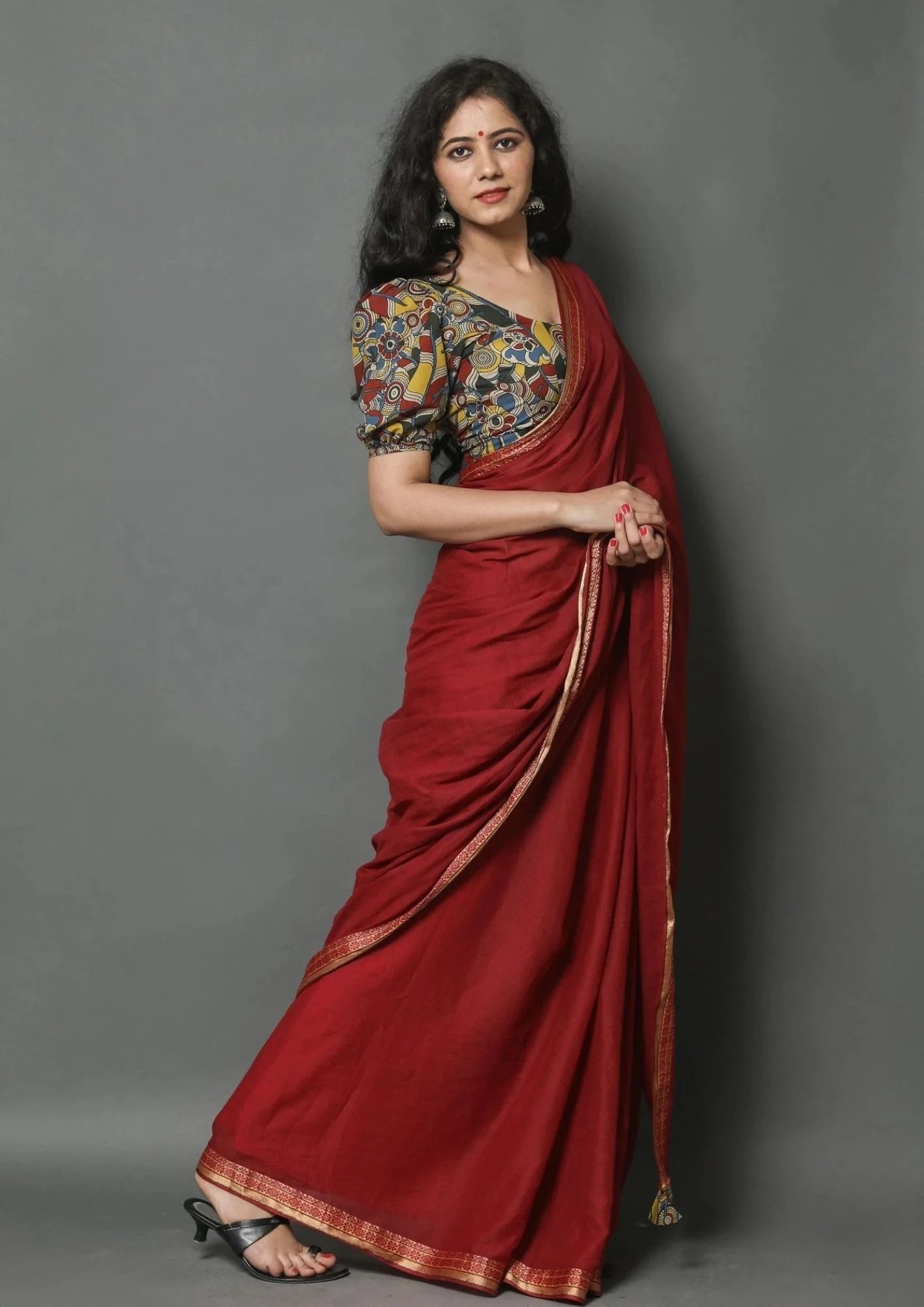 Kala Niketan Wine Handloom Cotton Border Saree with Kalamkari Blouse