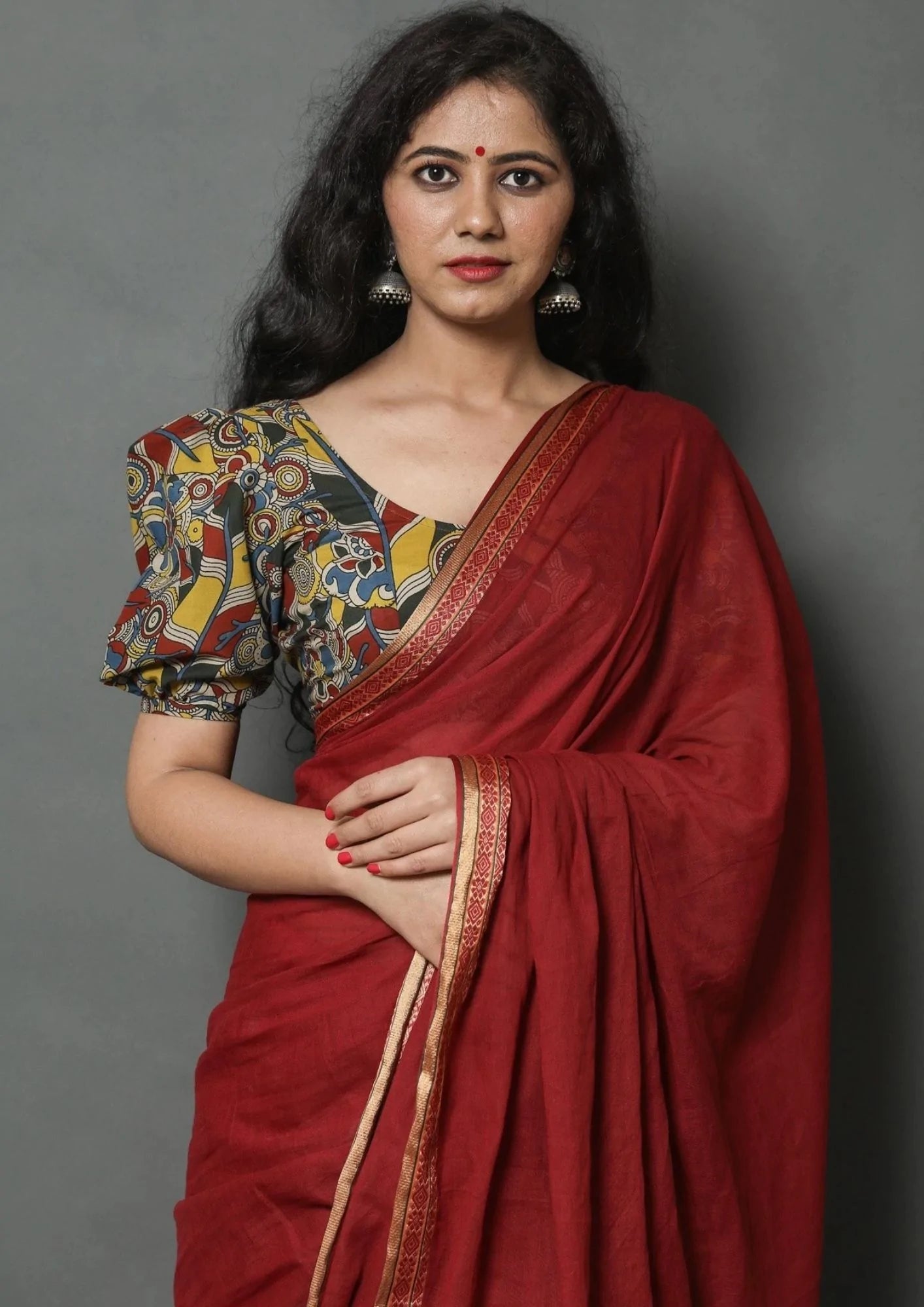 Kala Niketan Wine Handloom Cotton Border Saree with Kalamkari Blouse