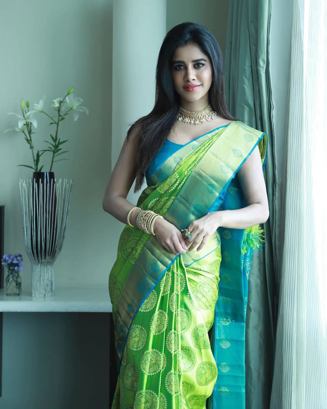 Kala Niketan Jolly Green Soft Silk Saree With Attached Blouse