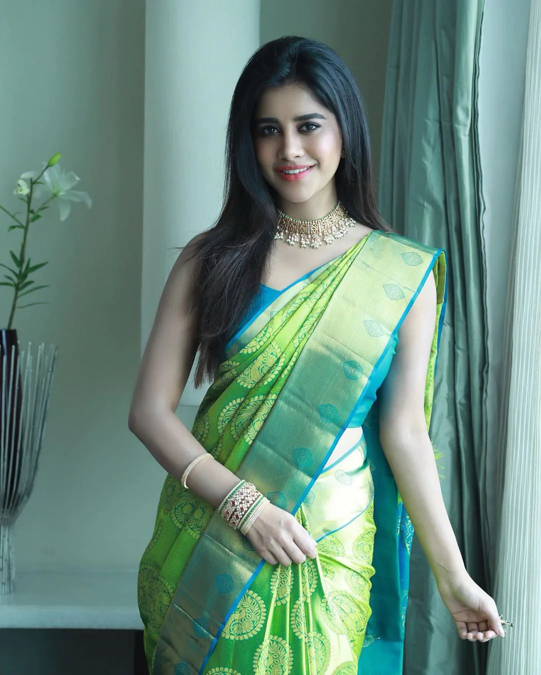 Kala Niketan Jolly Green Soft Silk Saree With Attached Blouse