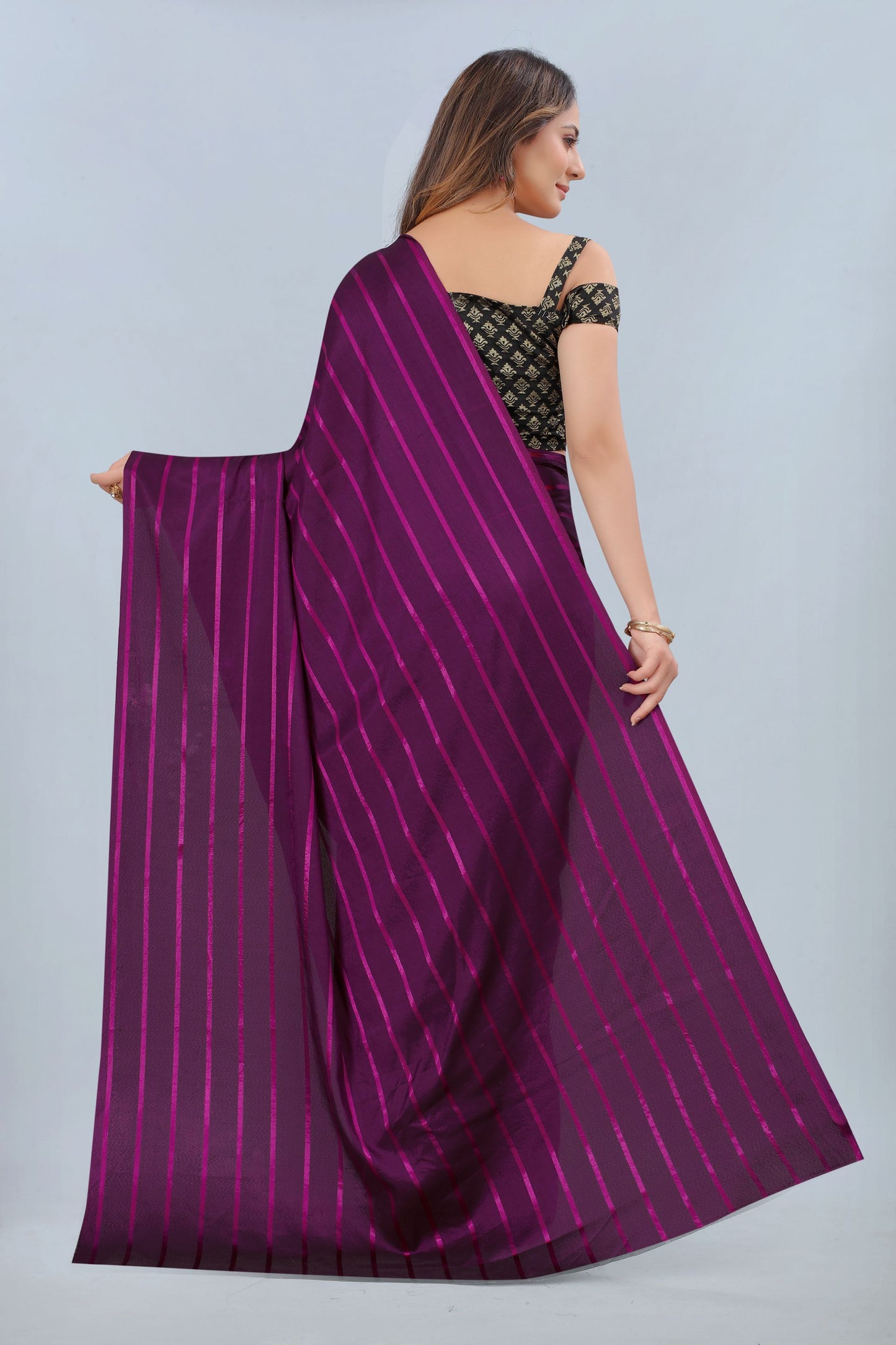 Kala Niketan Purple Color Elegant Stripes Printed Silk Saree