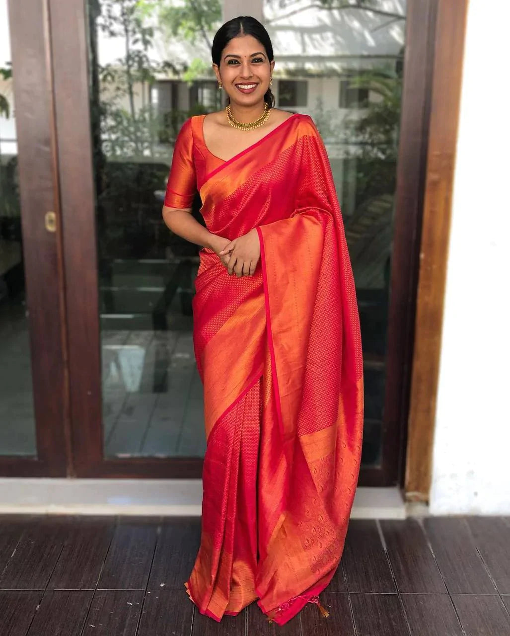 KALA NIKETAN TOMETO RED SAREE WITH COPPER ZARI WEAVING