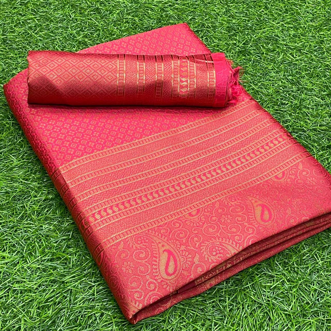 KALA NIKETAN TOMETO RED SAREE WITH COPPER ZARI WEAVING