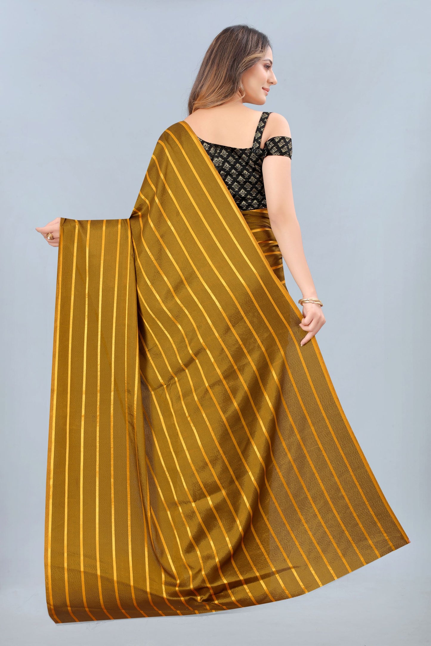 Kala Niketan Mustard Color Elegant Stripes Printed Silk Saree