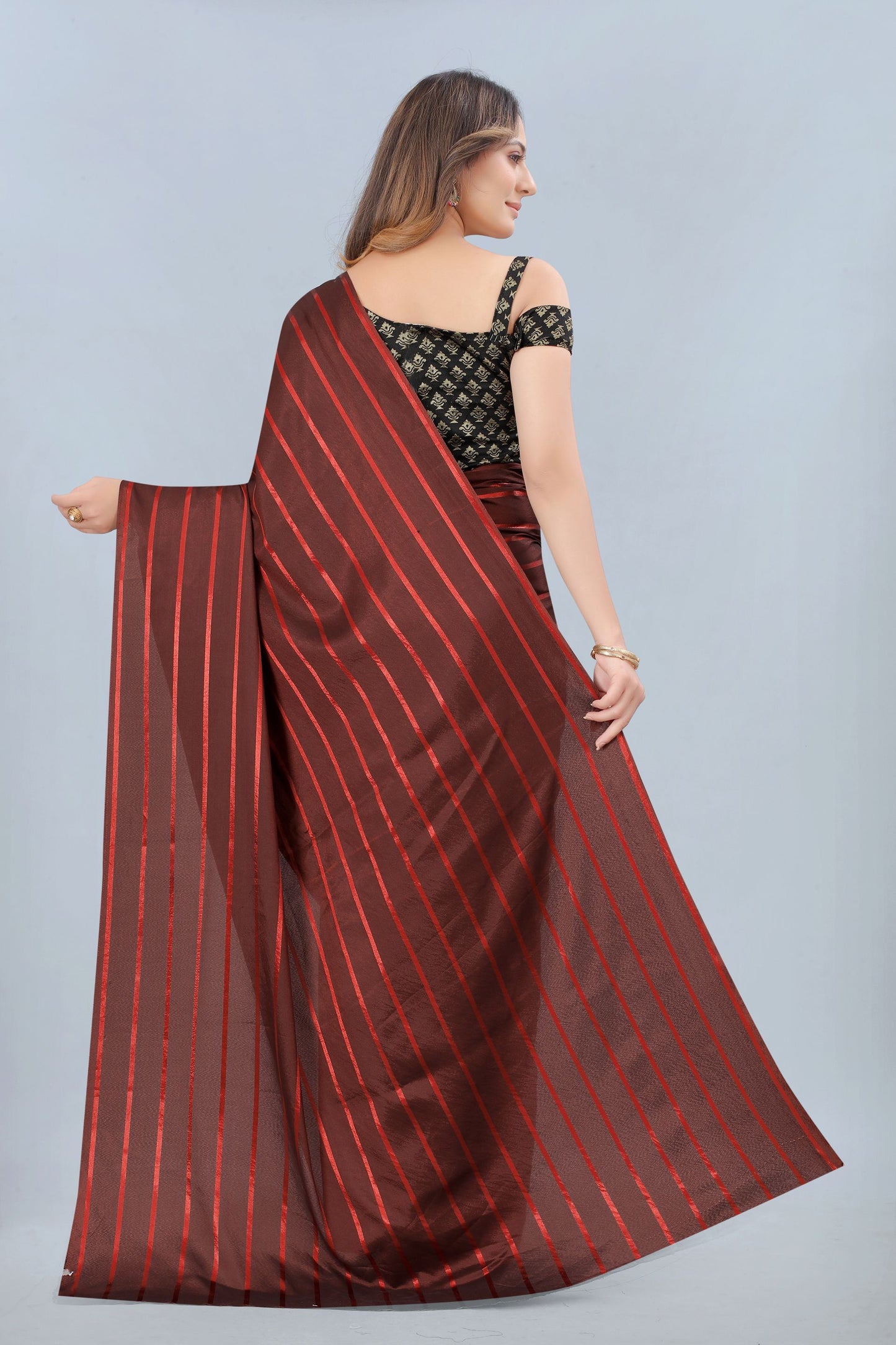 Kala Niketan Coffee Color Elegant Stripes Printed Silk Saree