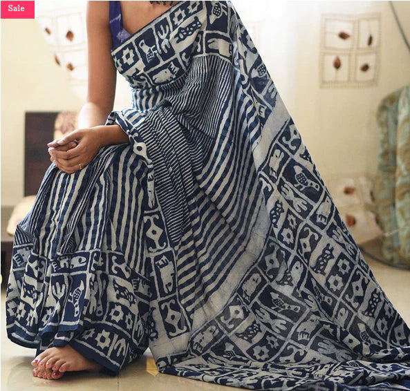 Designer Latest Fashion Natural Indigo Dye Pure Cotton Saree