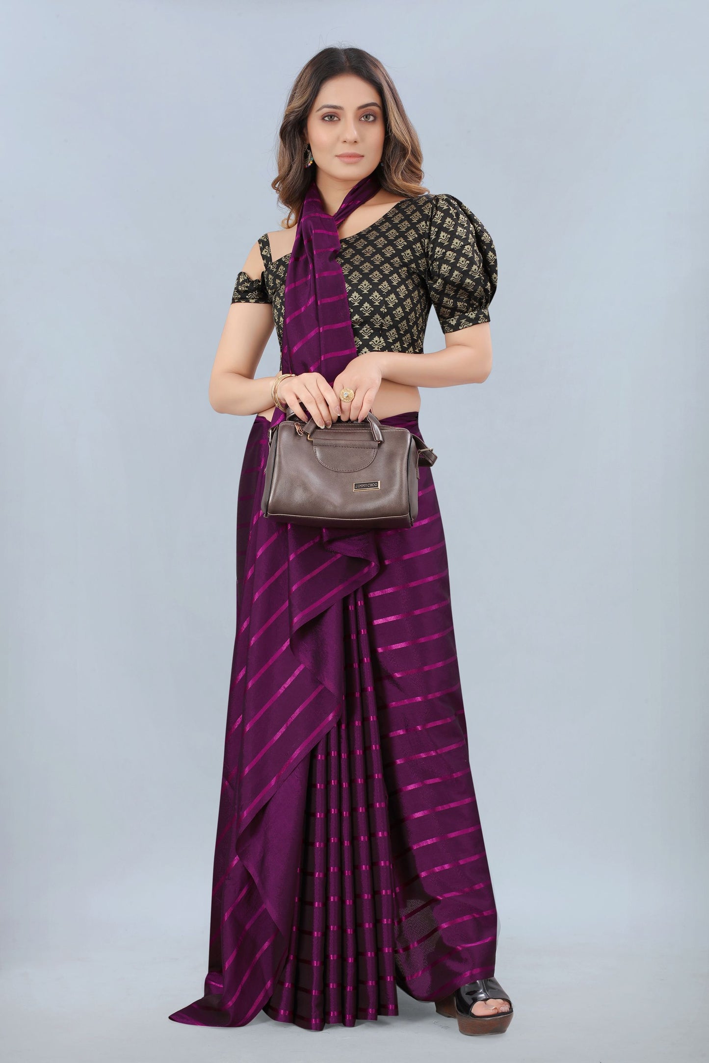 Kala Niketan Purple Color Elegant Stripes Printed Silk Saree