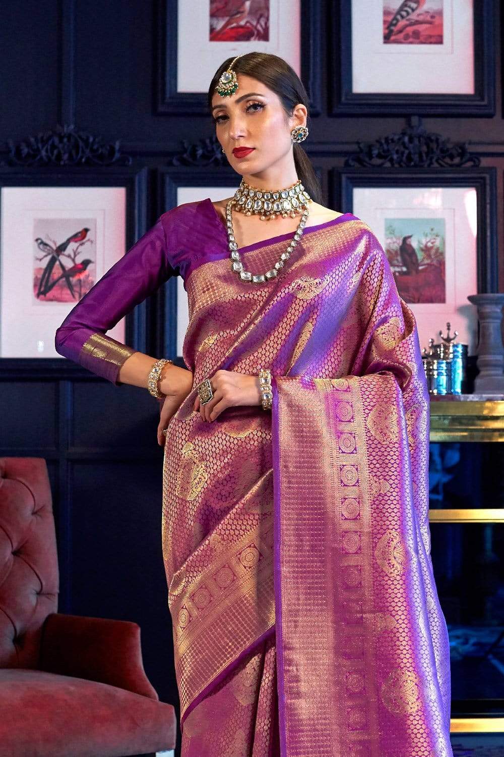 Kala Niketan Violet & Golden Zari Woven Kanjivaram Saree With Blouse