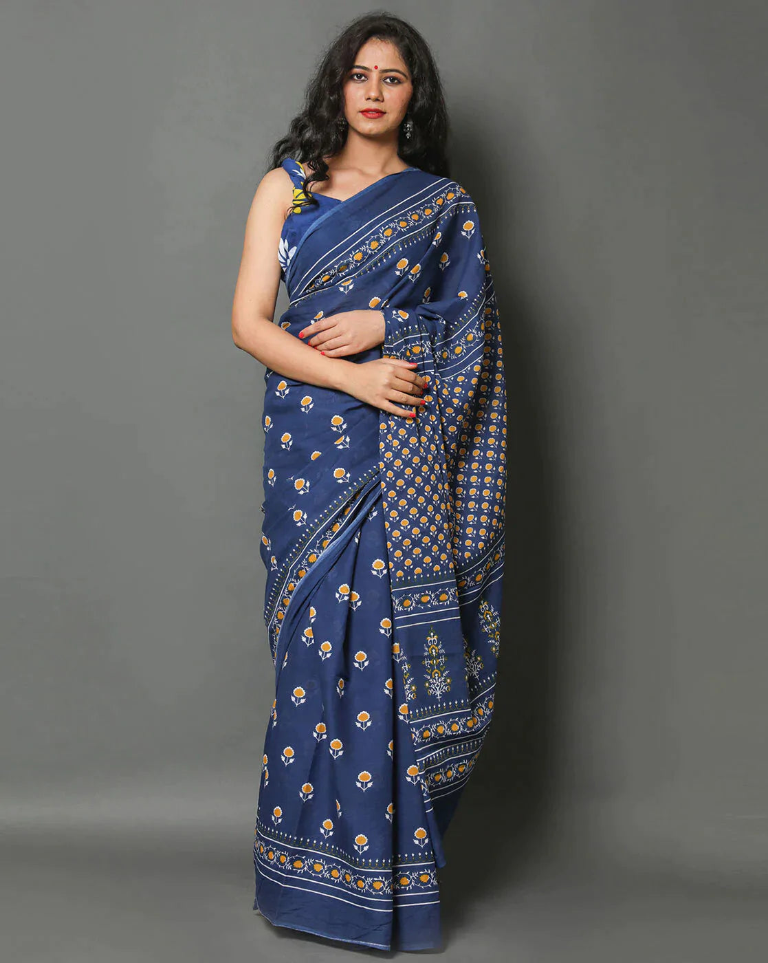 Kala Niketan Floral Print Blue Designer Latest Fashion Cotton Mulmul Saree