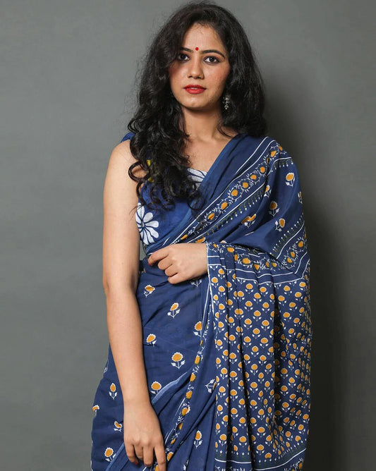 Kala Niketan Floral Print Blue Designer Latest Fashion Cotton Mulmul Saree