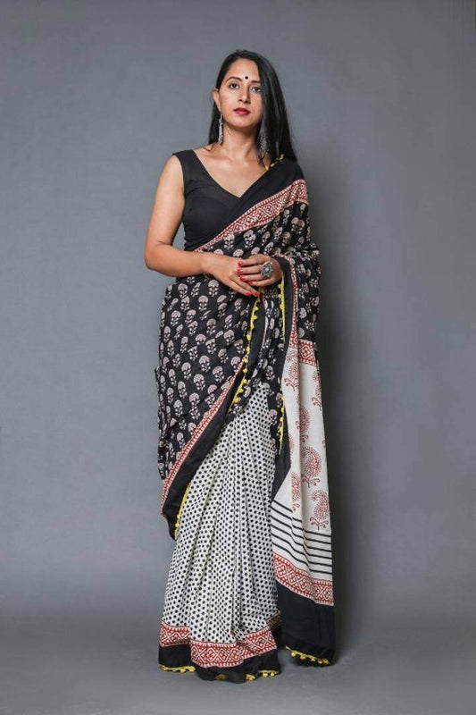 Kala Niketan Soft Mul-Cotton Pom-Pom Lace Saree with Blouse Piece