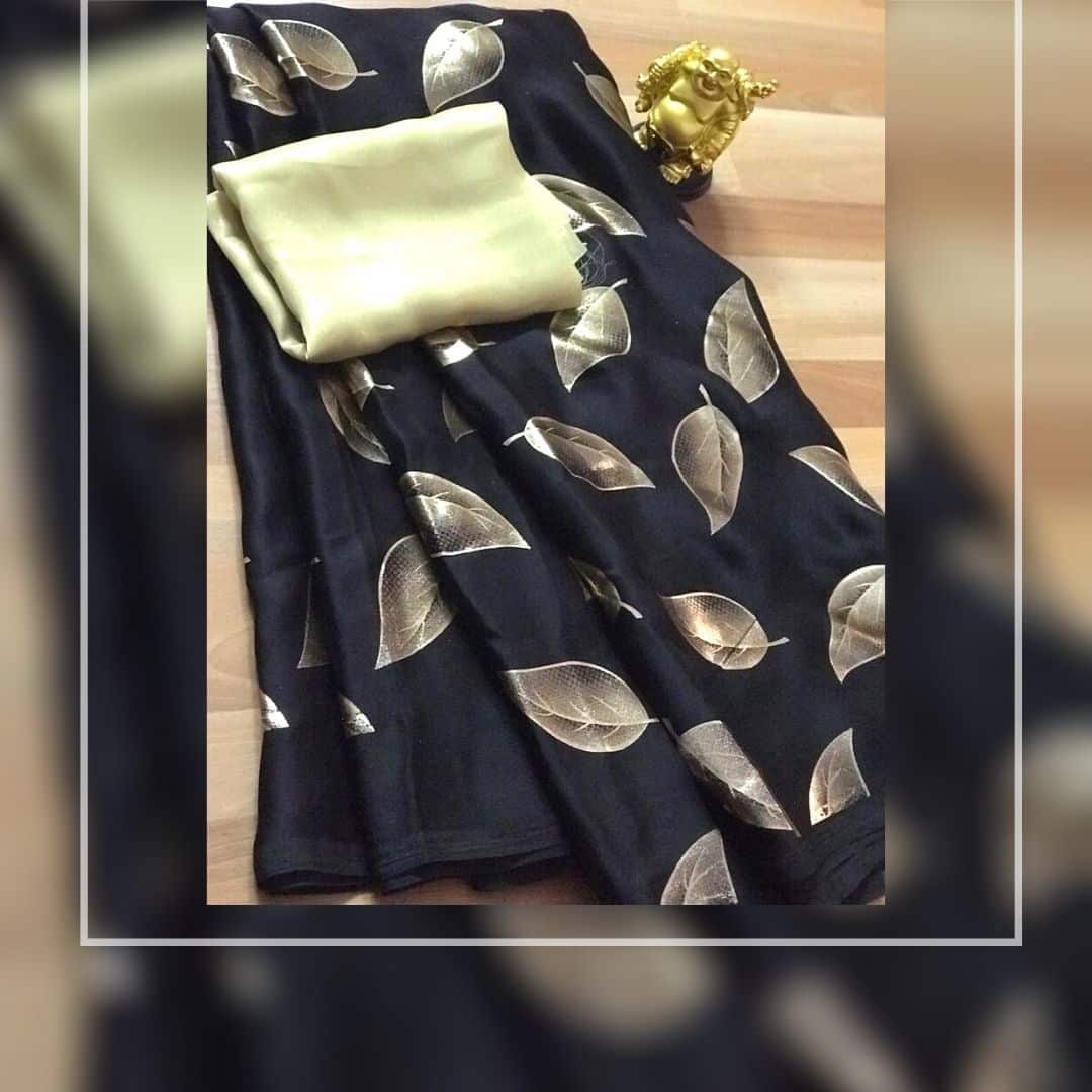 Kala Niketan Black satin silk saree with golden satin Blouse